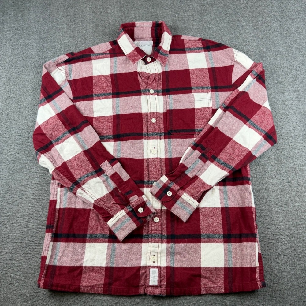 Hollister Flannel Shirt Men's Medium Red White Plaid Long Sleeve Button Down